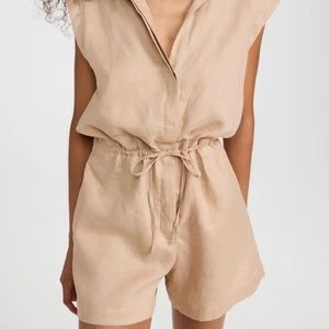 SWF Sleeveless Drawsting Tan Linen Romper with Pockets - XS
